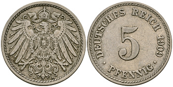 Германия 5 пфеннигов 1909 A, KM 11, J. 12 медно-никель 4608-864