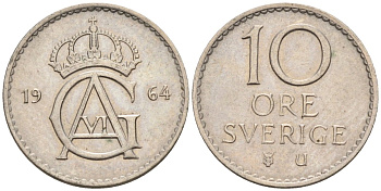 Швеция 10 эре 1964 Густав VI Адольф (1950-1973) KM 835 медно-никель 4585-364