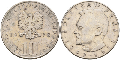 Польша 10 злотых 1976 MW, Болеслав Прус KM 73 медно-никель    4159-1255