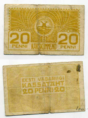 ЭСТОНИЯ 20 ПЕННИ 1919 Pick 41a бумага 2196-9-3-2