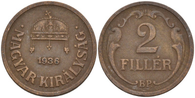 Венгрия 2 филлера 1936 BP KM 506 бронза 4115-1143