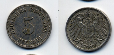 Германия 5 пфеннигов 1908 F KM 11, Jager 12, Weege 6 медно-никель 84-1667