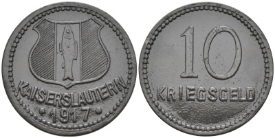 ГЕРМАНИЯ ПФАЛЬЦ КАЙЗЕРЗЛАУТЕРН 10 ПФЕННИГОВ 1917 КРИГСГЕЛЬД цинк 75-1643