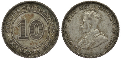 Стрейтс-Сетлментс 10 центов 1927 Георг V (1910-1936) КМ 29b серебро 53-612