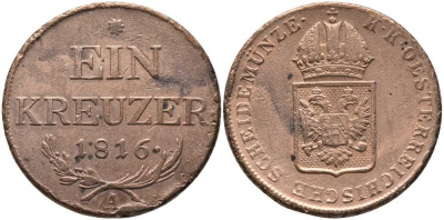 АВСТРИЯ 1 КРЕЙЦЕР 1816 А, ФРАНЦ II (1792-1835) KM 2113 медь 117-521