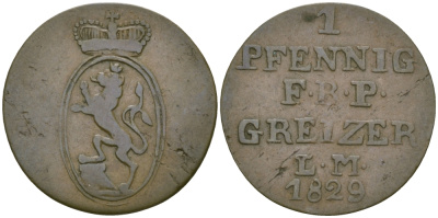 РЕЙС-ОБЕРГРАЙЦ 1 ПФЕННИГ 1829 LM KM 102 медь 99-939