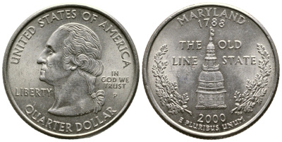 США 25 центов = квотер 2000 Р, серия штаты США, Мэриленд KM 306 медь плакированная медно-никелем 4610-551