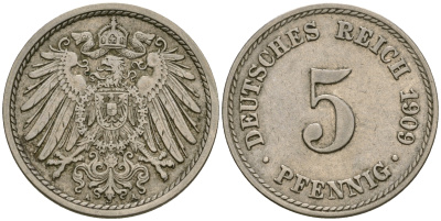 Германия 5 пфеннигов 1909 A, KM 11, J. 12 медно-никель 4608-864