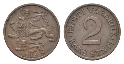 Эстония 2 сента 1934 год-тип KM 15 бронза 4668-623