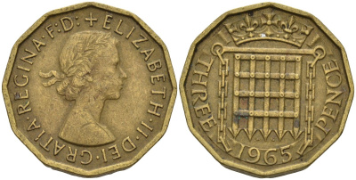 Великобритания 3 пенса 1965 Елизавета II (1952-2022) KM 900, Spink 4153 никель латунь 4146-353