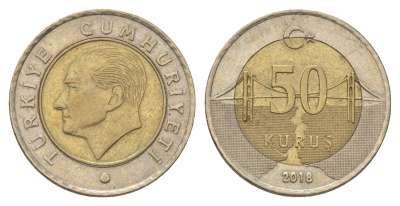 Турция 50 курушей 2018 Кемаль Ататюрк KM 1243 биметалл 4390-1033