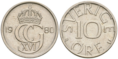 Швеция 10 эре 1980 Карл XVI Густав (1973- ) KM 850 медно-никель 4364-3628