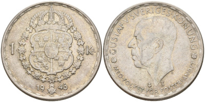 Швеция 1 крона 1946 TS, Густав V (1907-1950) KM 814 серебро 4148-1035