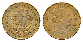 Мексика 5 сентаво 1967 Мо, Жозефа Ортис де Домингес KM 426 латунь UNC 4636-456