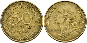 Франция 50 сантимов 1962 KM 939.1 алюминиевая бронза 4150-834