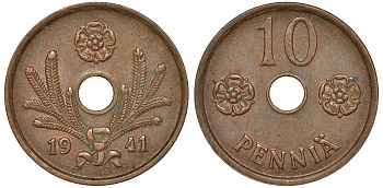 Финляндия 10 пенни 1941 KM 33.1 медь 51-3412