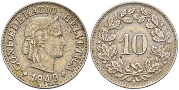 ШВЕЙЦАРИЯ 10 РАППЕНОВ 1949 В KM 27 медно-никель 206-321