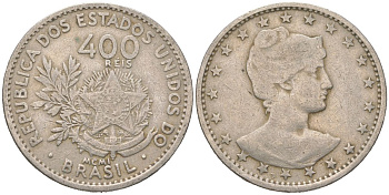 Бразилия 400 реалов 1901 MCMI, голова свободы вправо KM 505 медно-никель 4612-431