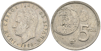 Испания 5 песет 1980 (80), Хуан Карлос I (1975-2014), чемпионат мира по футболу, Испания 1982 KM 817 медно-никель 85-745