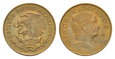 Мексика 5 сентаво 1967 Мо, Жозефа Ортис де Домингес KM 426 латунь UNC 4636-456