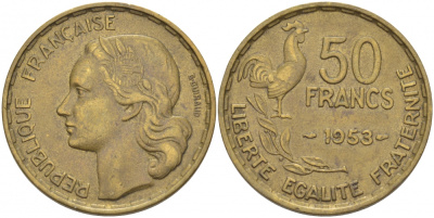 ФРАНЦИЯ 50 ФРАНКОВ 1953 KM 918.1 алюминиевая бронза 3856-1151