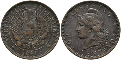 Аргентина 2 сентаво 1891 голова свободы влево KM 8 бронза 4531-1035
