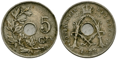 Бельгия 5 сантимов 1922 Belgie, Альберт I (1909-1934) KM 67 медно-никель 4173-251