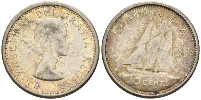 Канада 10 центов 1963 Елизавета II, парусник KM 51 серебро    4147-343