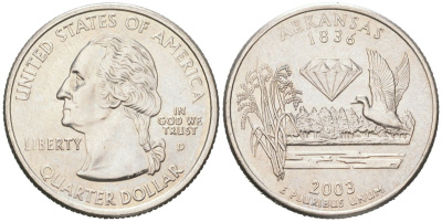 США 25 центов = квотер = 1/4 доллара 2003 D, квотер штата Арканзас KM 347 медь плакированная медно-никелем UNC 183-316