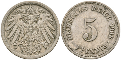 Германия 5 пфеннигов 1907 A, KM 11, J. 12 медно-никель 4364-4516