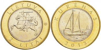 Литва 2 лита 2013 серия создано человеком и природой, парусник, Куренас KM 188 биметалл UNC M38-05