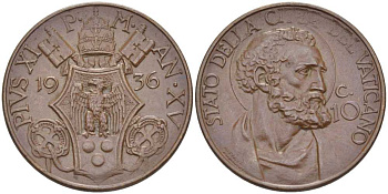 ВАТИКАН 10 ЧЕНТЕЗИМО 1936 ГОД XV, ПАПА ПИЙ XI (1922-1939), СВЯТОЙ ПЕТР KM 2 бронза XF 3896-1614