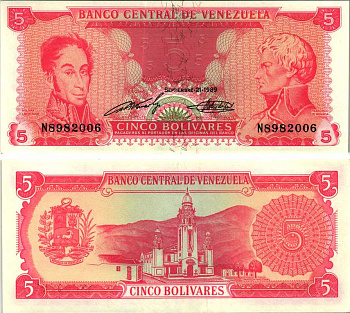 Венесуэла 5 боливаров 1989 21 СЕНТЯБРЯ 1989 Pick 70b бумага UNC (пресс) 7205-42-2-2