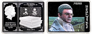 Острова Кука 5 долларов 2012 Лев Толстой, роман "Война и мир", Пьер Безухов, цветная эмаль KM NEW серебро PROOF 01-084-43