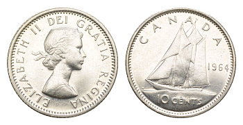 Канада 10 центов 1964 Елизавета II (1952-2022), парусник KM 51 серебро aUNC 4639-613