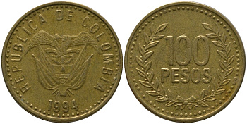 Колумбия 100 песо 1994 KM 285.1, Restrepo 445.3 латунь 4538-1243