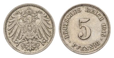 Германия 5 пфеннигов 1915 D, Вильгельм II (1888-1918) KM 11, J. 12 медно-никель 4636-337