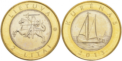 Литва 2 лита 2013 серия создано человеком и природой, парусник, Куренас KM 188 биметалл UNC M38-05