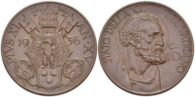ВАТИКАН 10 ЧЕНТЕЗИМО 1936 ГОД XV, ПАПА ПИЙ XI (1922-1939), СВЯТОЙ ПЕТР KM 2 бронза XF 3896-1614