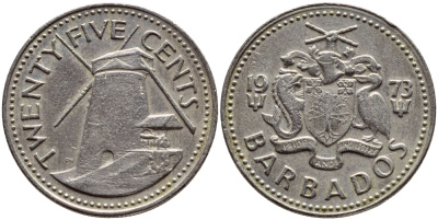 Барбадос 25 центов 1973 ветряная мельница Моргана Льюиса KM 13 медно-никель 4398-316