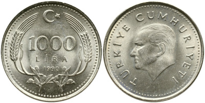 Турция 1000 лир 1990 Кемаль Ататюрк KM 997 медь никель цинк 4541-452
