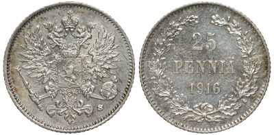 Россия для Финляндии 25 пенни 1916 S, Николай II (1894-1917) KM 6.2, Биткин 421 серебро 75-1261
