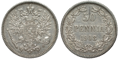 Россия для Финляндии 50 пенни 1908 L, Николай II (1894-1917) КМ 2.2, Биткин 403 серебро 75-836