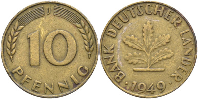 ФРГ 10 пфеннигов 1949 J KM 103, J. 378 сталь плакированная латунью 4132-1151