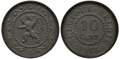 БЕЛЬГИЯ 10 САНТИМОВ 1917 BELGIQUE-BELGIE KM 81 цинк 4127-823