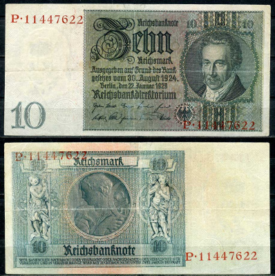 Германия 10 рейхсмарок 1929 Альбрехт Д. Тэер, буква B, серия P Pick 180 a, Ros. 173е  бумага   8613-40-2-1