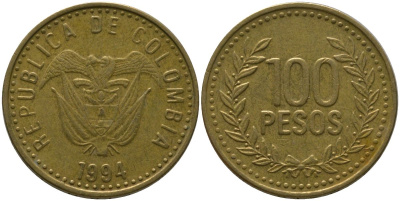 Колумбия 100 песо 1994 KM 285.1, Restrepo 445.3 латунь 4538-1243