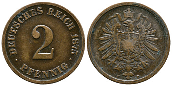 Германия 2 пфеннига 1875 С, СТАРОГЕРБОВКА KM 2, J. 2 медь 4364-3031