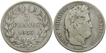 Франция 5 франков 1833 M, Луи Филипп I (1830-1848) KM 749.9 серебро 4386-233