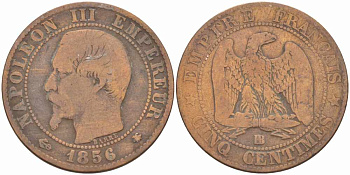 Франция 5 сантимов 1856 BB, Наполеон III (1852-1870) KM 777.3, LE FRANC 116.32 бронза 108-433